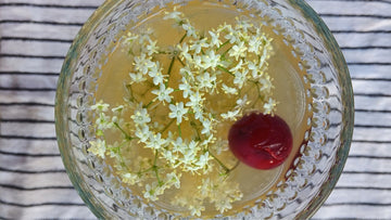 Vista cenital de un vaso de vidrio con kombucha de saúco, adornada con flores frescas y una fruta roja sobre un mantel.