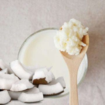 cuchara de madera con nodulos de kefir de leche y trozos de coco