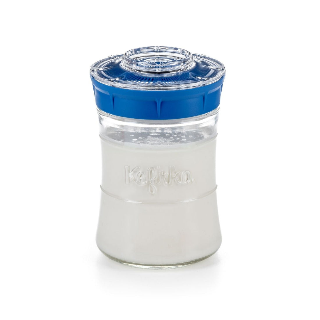 Dos tarros fermentadores Kefirko: uno alto verde con kefir de agua, otro mas pequeño azul con kefir de leche
