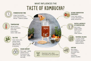Vaso de kombucha con burbujas junto a fruta fresca sobre una mesa clara