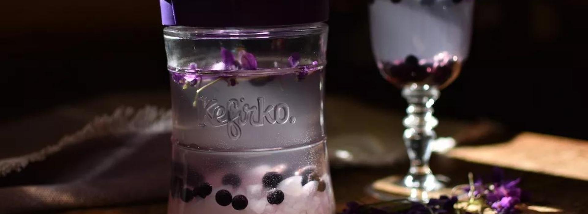 tarro de cristal con kefir de agua flores violetas y bolitas de pimienta negra