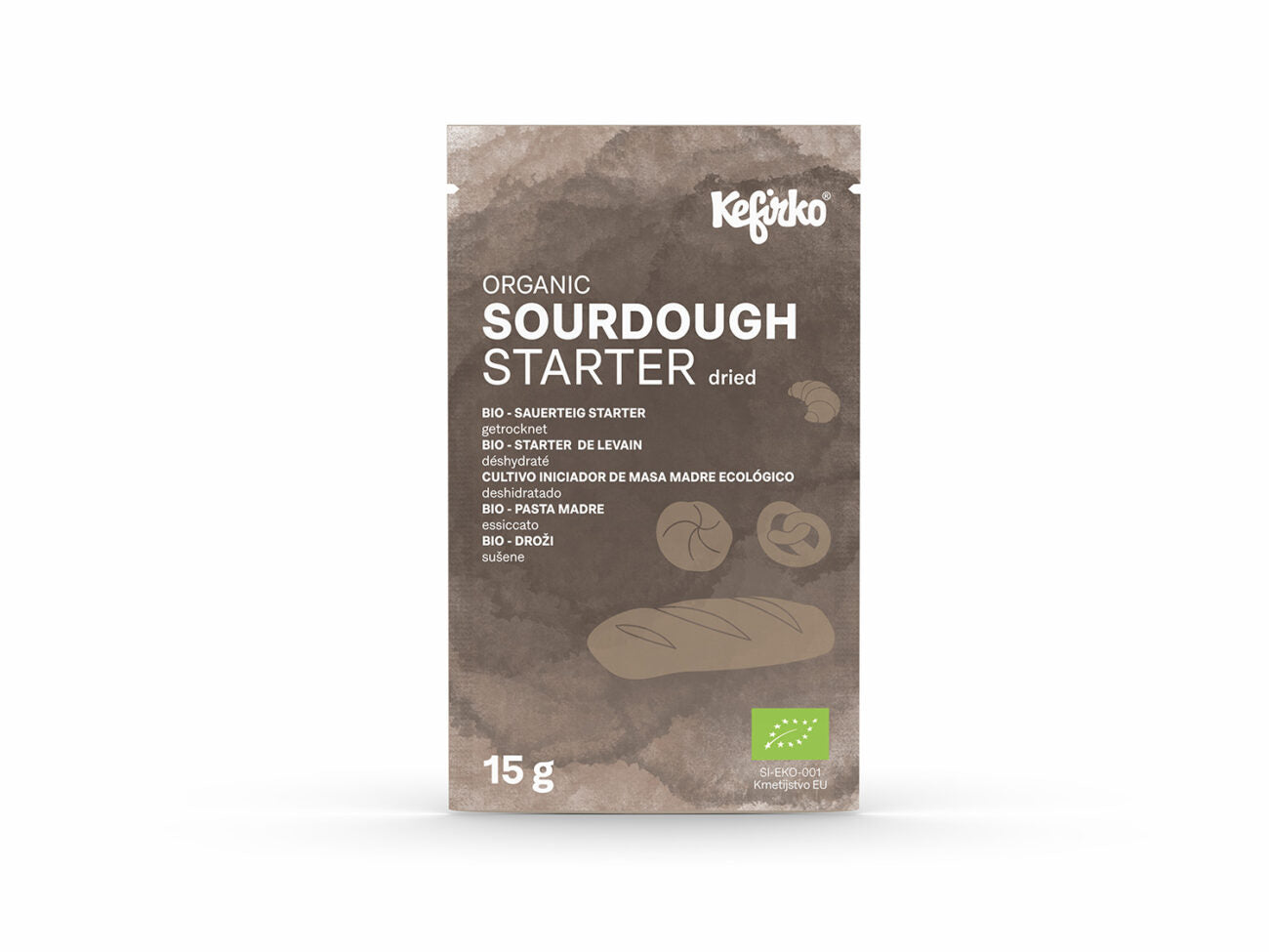 Paquete de 15g de masa madre deshidratada ecológica marca Kefirko, con ilustraciones de pan.
