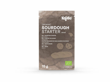 Paquete de 15g de masa madre deshidratada ecológica marca Kefirko, con ilustraciones de pan.
