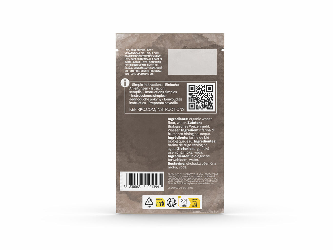 Reverso del paquete masa madre dehidratada ecologica Kefirko mostrando ingredientes, un código QR para instrucciones y el código de barras.