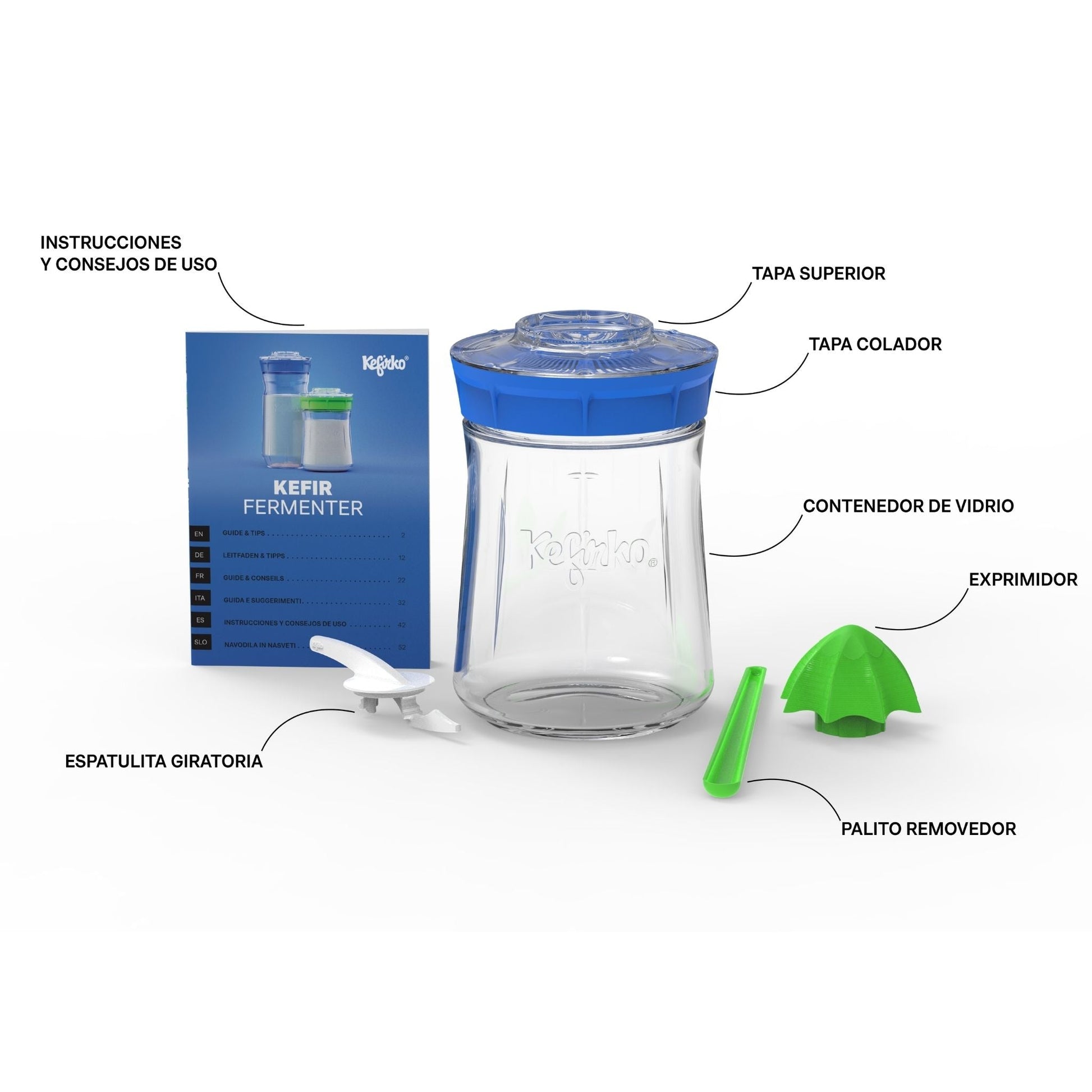 Componentes del kit fermentador de kéfir Kefirko con sus partes etiquetadas: manual, tarro de vidrio, tapas y accesorios.