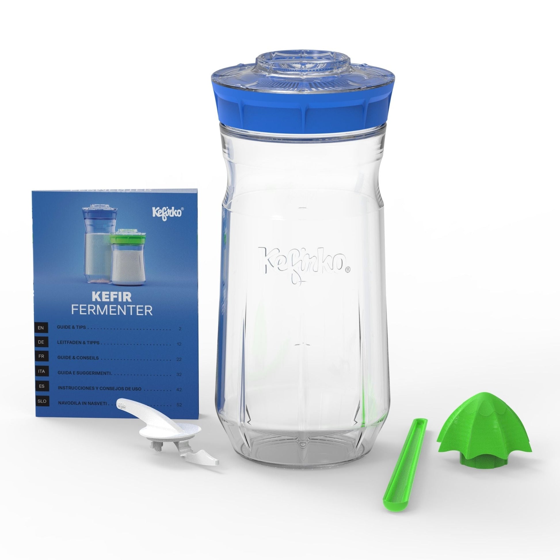 Kit completo Fermentador de kéfir Kefirko grande, de vidrio, con una tapa colador de color azul