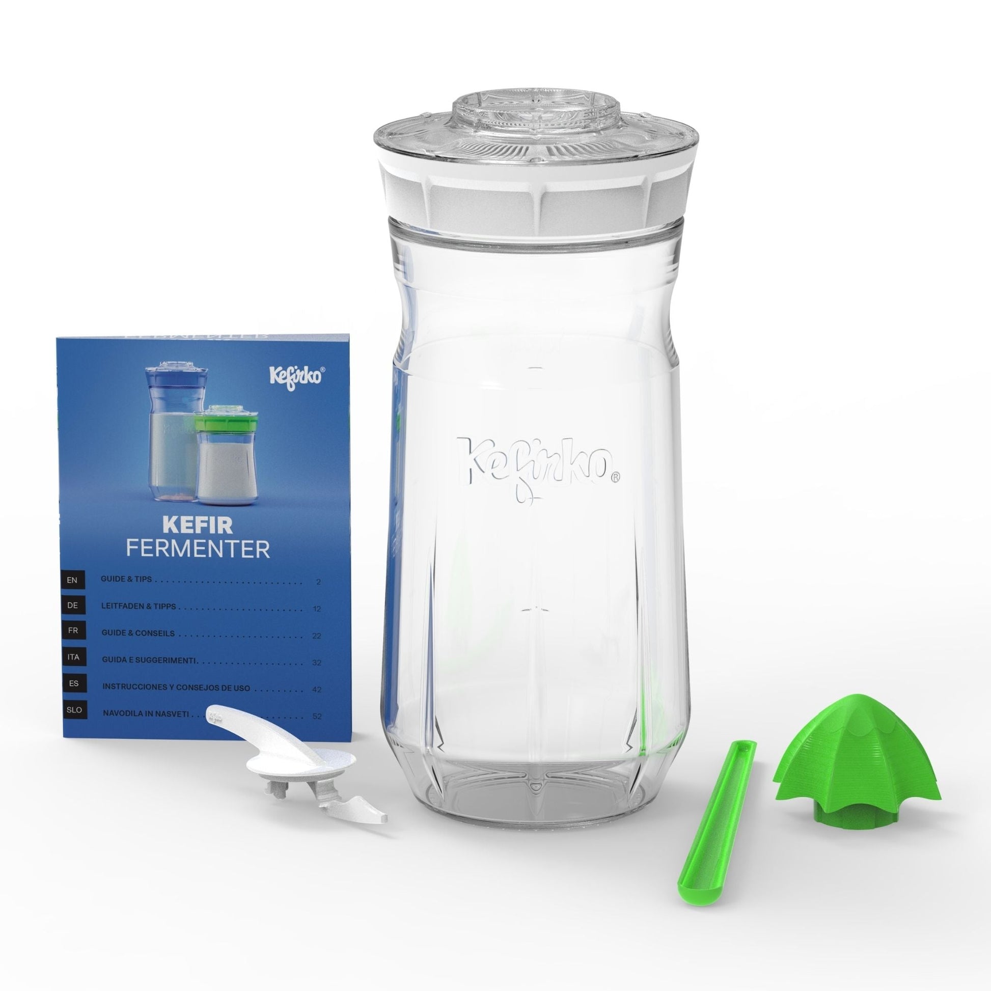 Kit completo Fermentador de kéfir Kefirko grande, de vidrio, con una tapa colador de color blanco