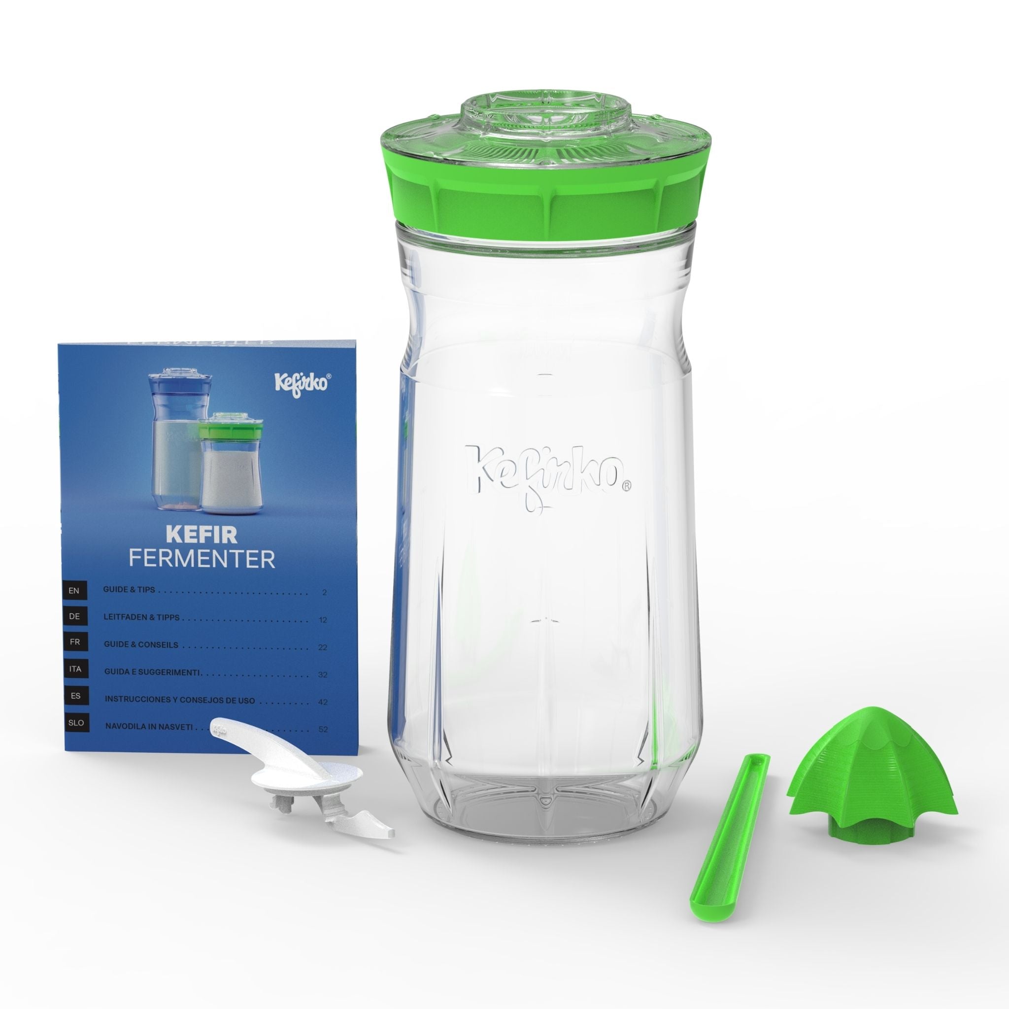 Kit completo Fermentador de kéfir Kefirko grande, de vidrio, con una tapa colador de color verde