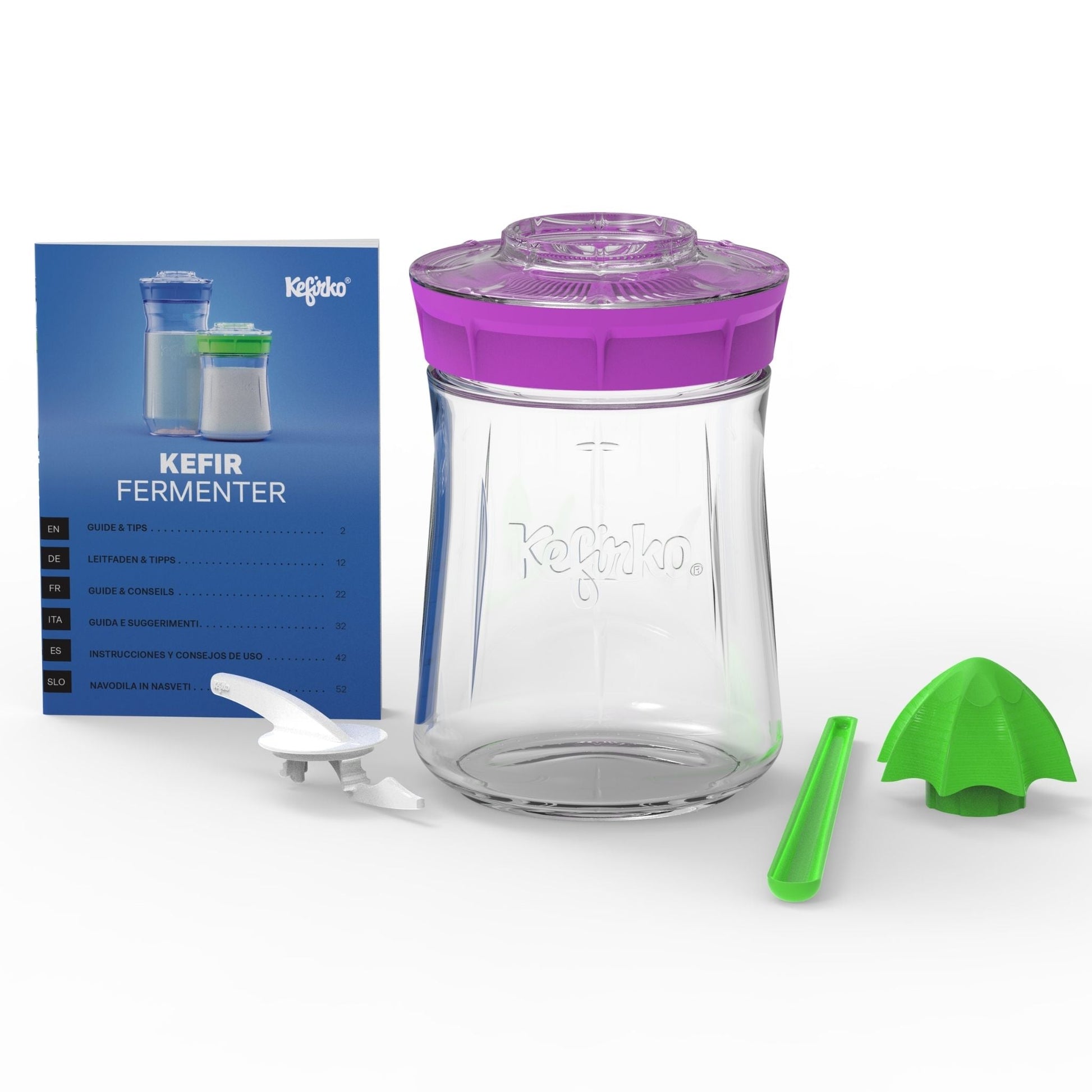 Kit completo Fermentador de kéfir Kefirko pequeño, de vidrio, con una tapa colador de color rosa.