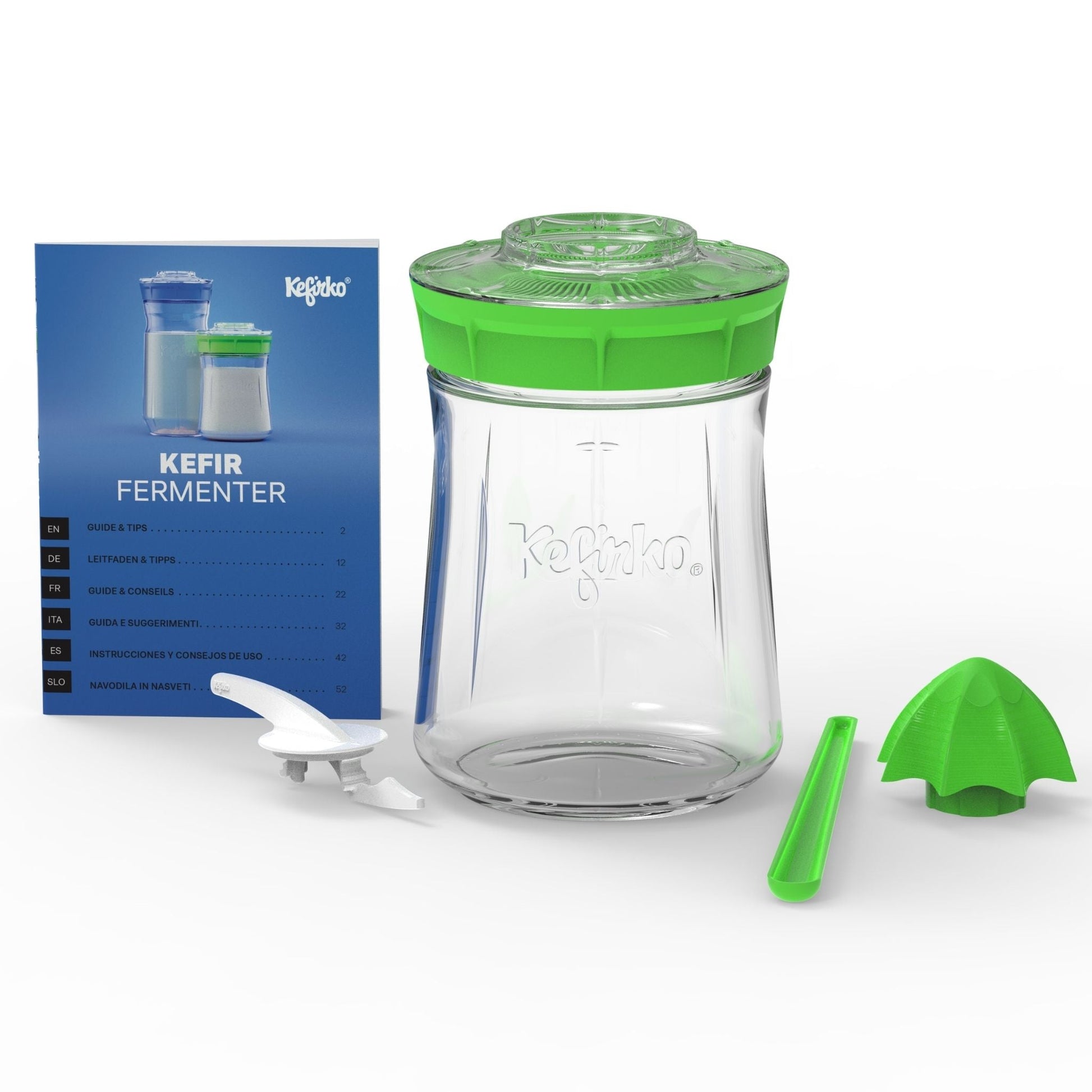 Kit completo Fermentador de kéfir Kefirko pequeño, de vidrio, con una tapa colador de color verde.