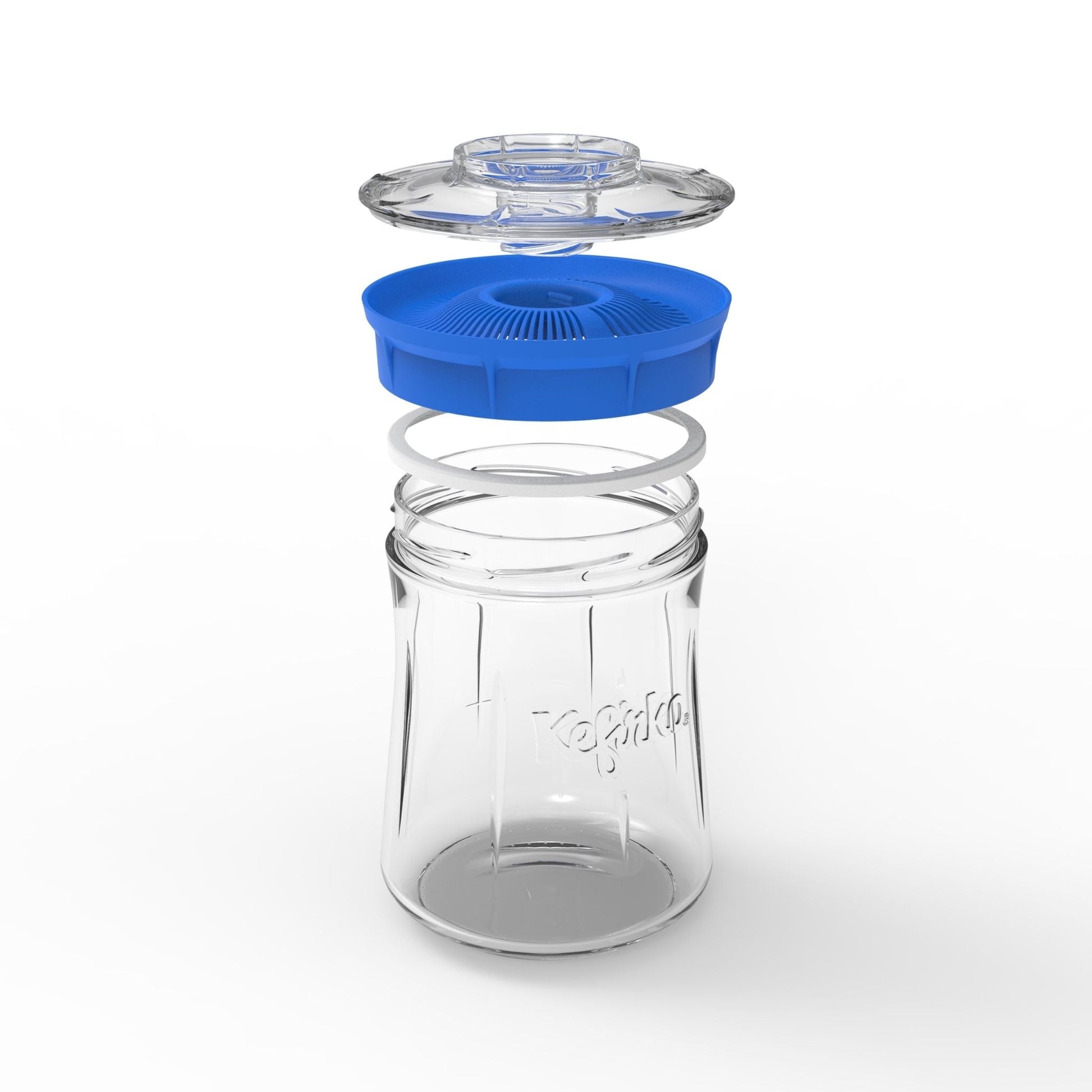 Montaje Fermentador de kéfir Kefirko pequeño, de vidrio, con una tapa colador de color azul.