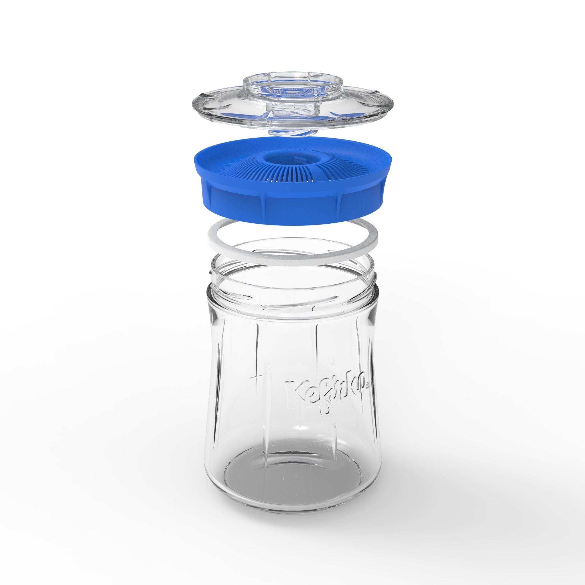 Montaje Fermentador de kéfir Kefirko pequeño, de vidrio, con una tapa colador de color azul.