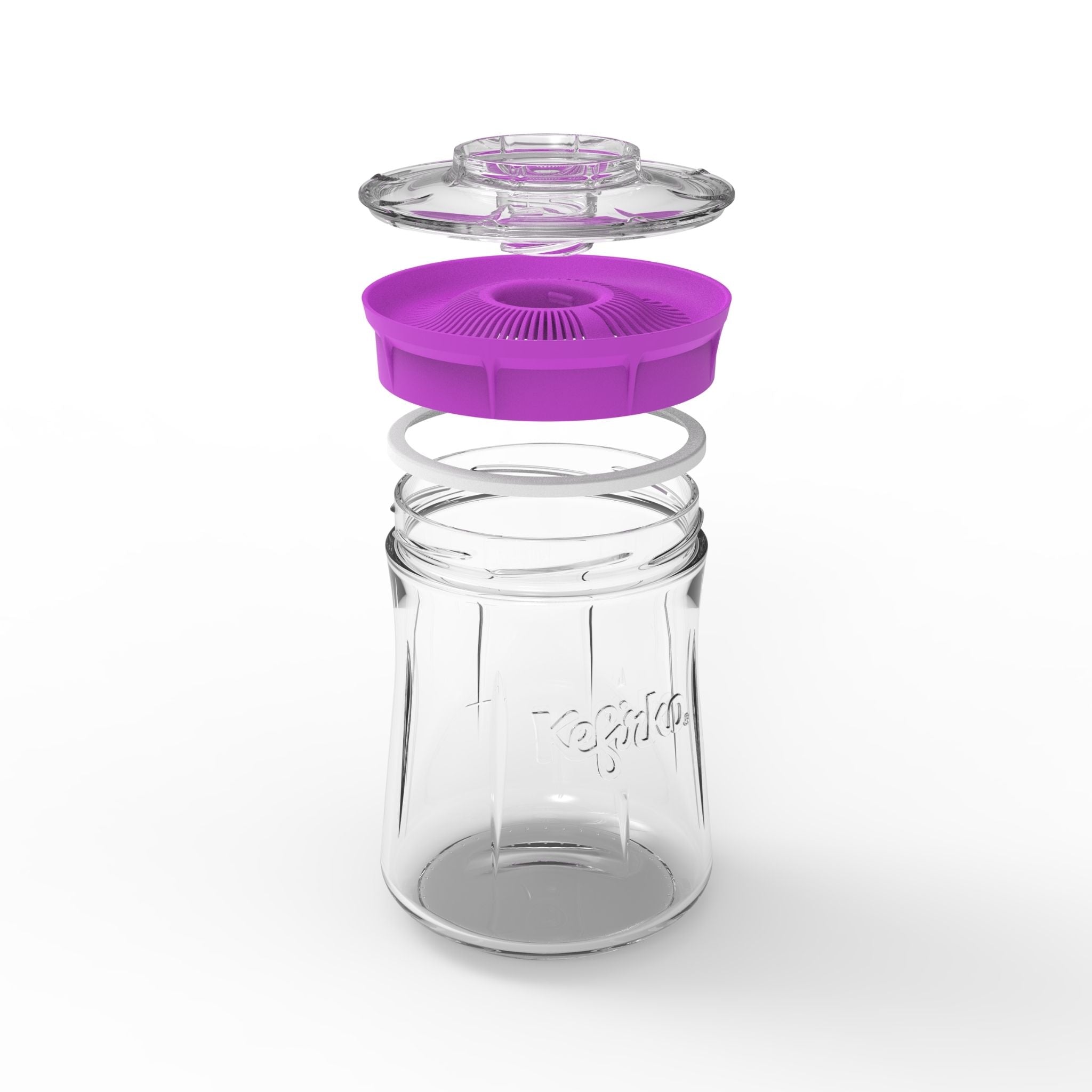 Montaje Fermentador de kéfir Kefirko pequeño, de vidrio, con una tapa colador de color rosa.