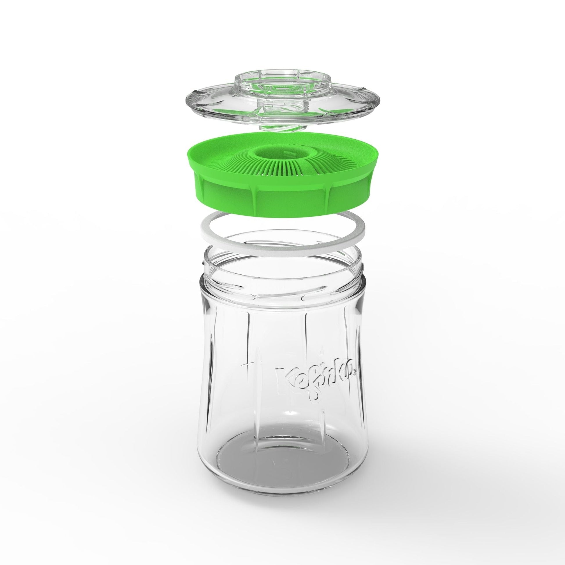 Montaje Fermentador de kéfir Kefirko pequeño, de vidrio, con una tapa colador de color verde.