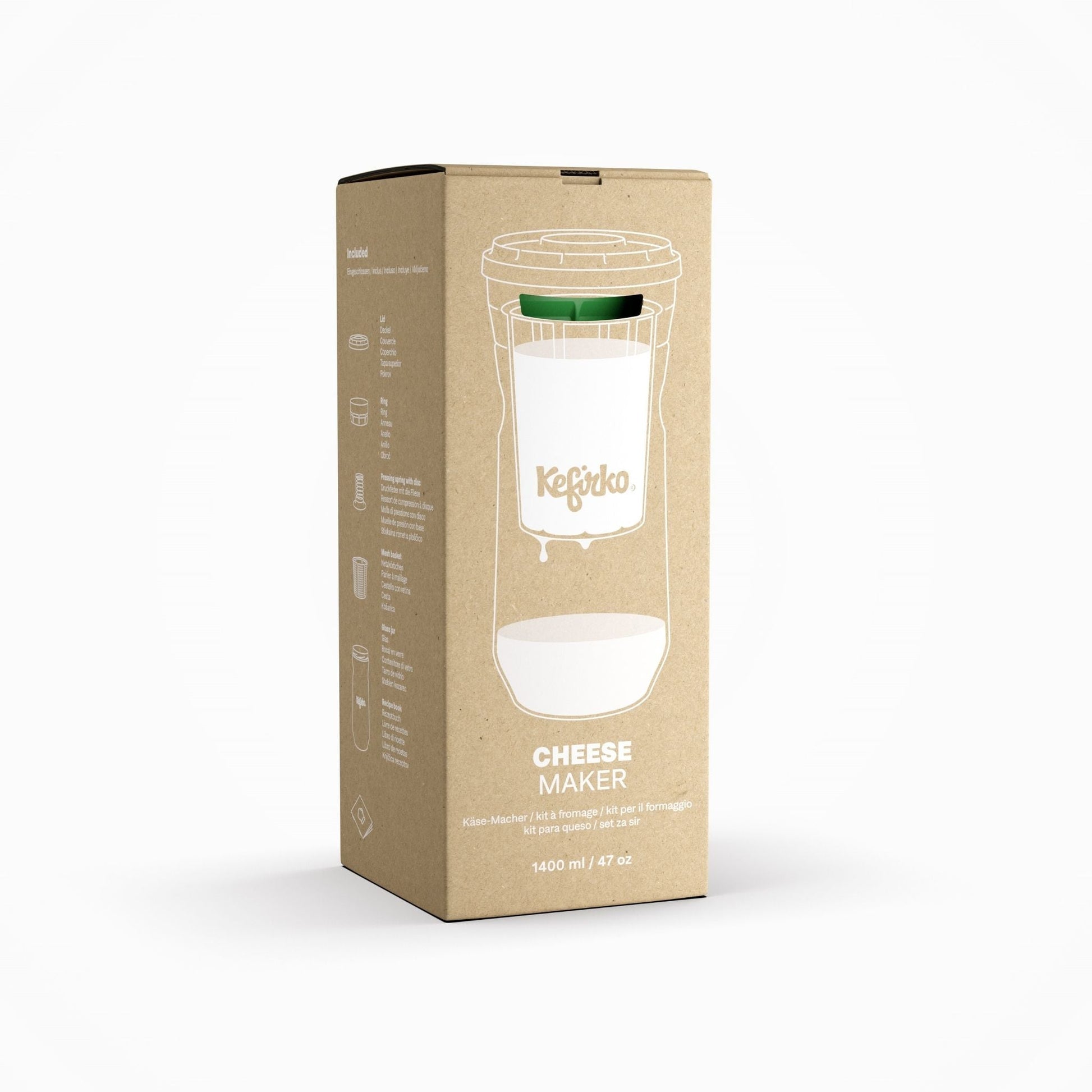 Empaque de cartón del fermentador de queso Kefirko Cheesemaker de 1400 ml, mostrando un diagrama del producto.