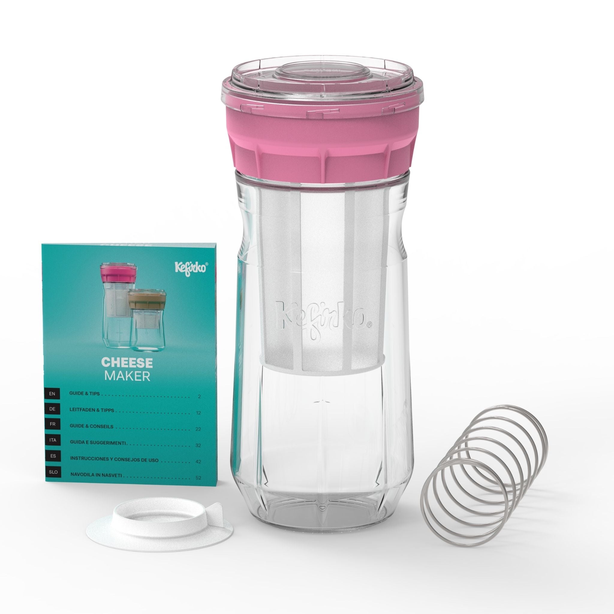 Kit completo para hacer queso casero Kefirko. Incluye fermentador con tapa rosa, resorte y manual de instrucciones.