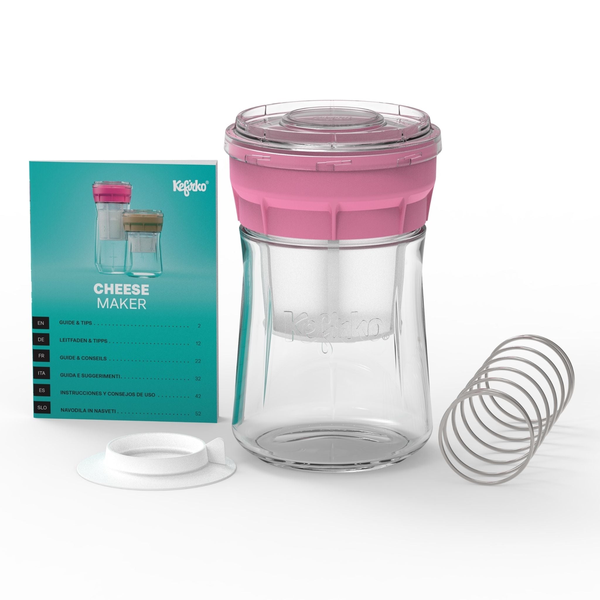 Kit fermentador de queso casero Kefirko rosa, con jarra de vidrio, colador, resorte de prensado y manual de uso.