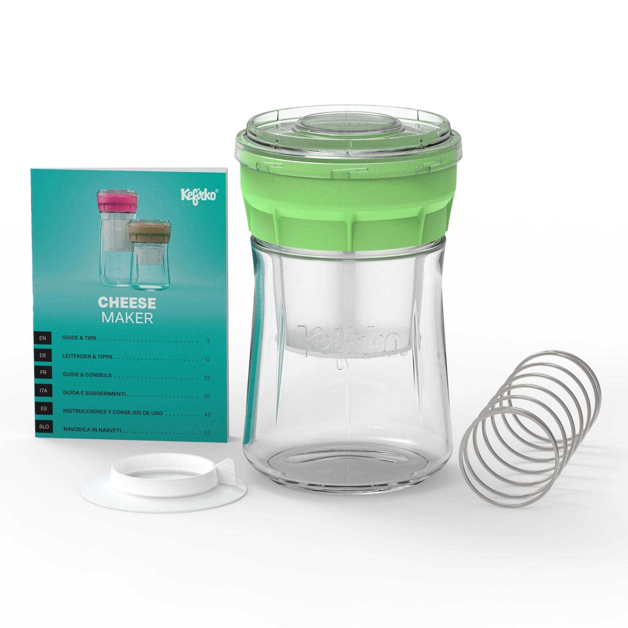 Kit de fermentador de queso Kefirko, versión pequeña, con tapa verde, jarra, resorte metálico y caja del producto.
