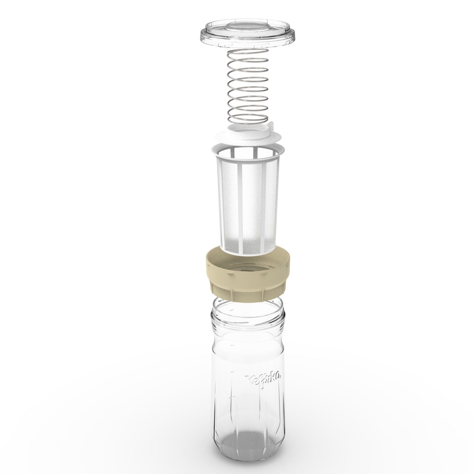 Vista desarmada del kit para queso casero Kefirko. Incluye tarro de vidrio, filtro, prensa y anillo color beige.