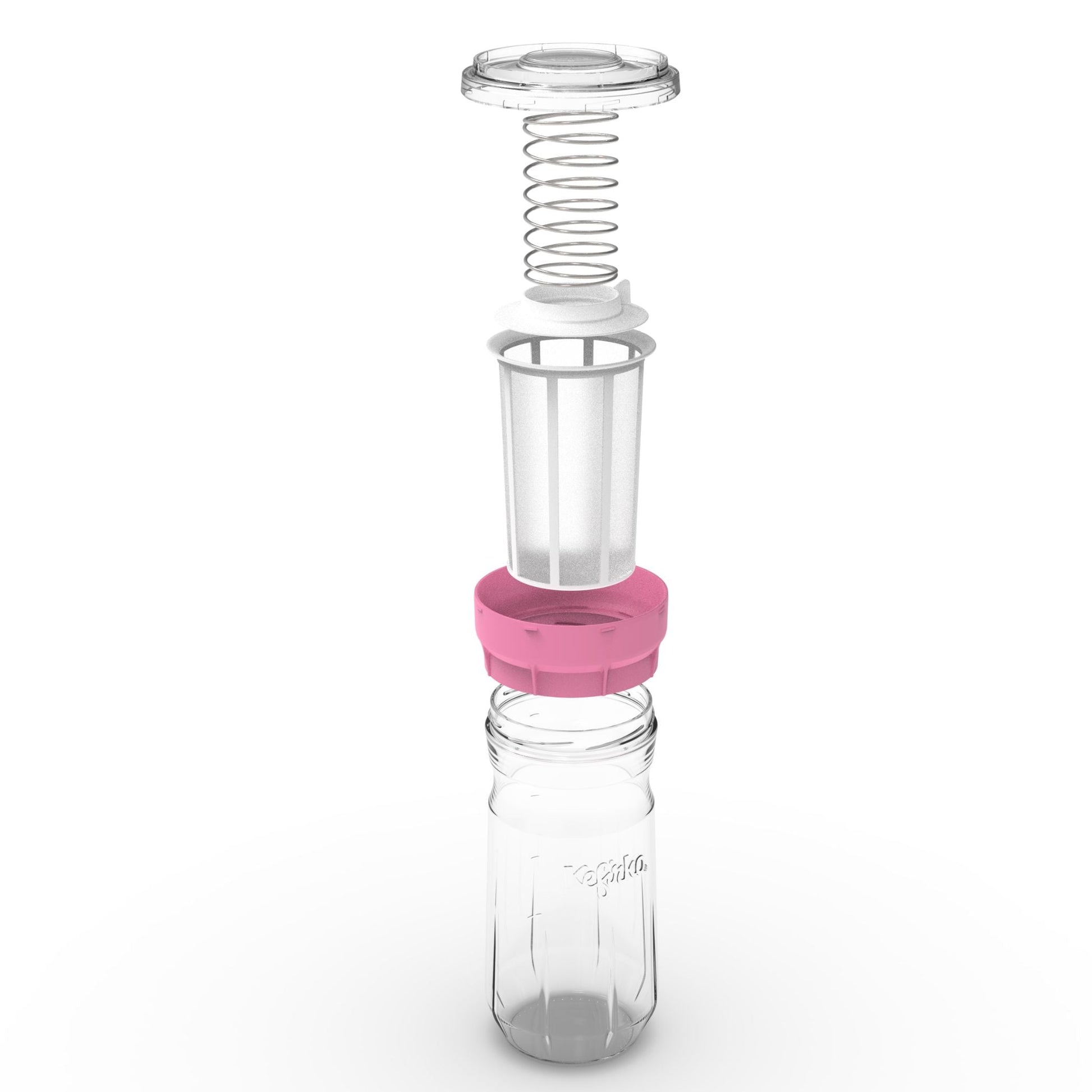 Despiece del kit para hacer queso crema casero, mostrando el tarro de vidrio Kefirko y sus accesorios con anillo rosa.