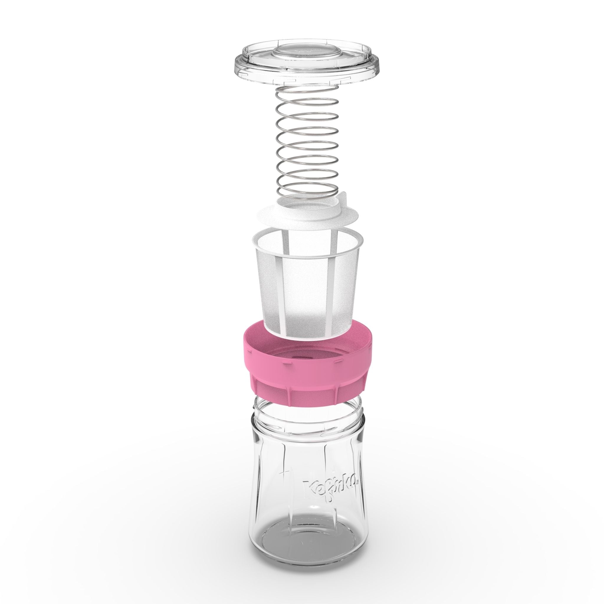 Despiece del fermentador de queso Kefirko rosa, mostrando la jarra de vidrio, colador, disco de prensado y resorte.