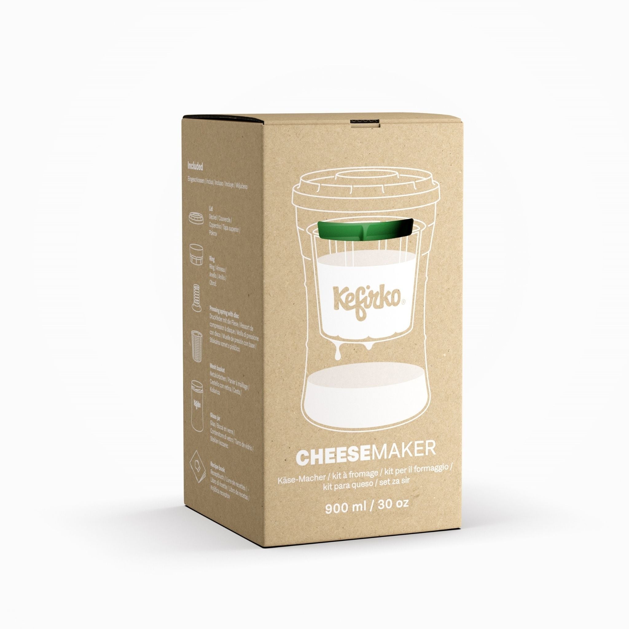 Caja del Kefirko Cheesemaker de 900 ml, un kit para hacer queso en casa con ilustración de sus componentes.