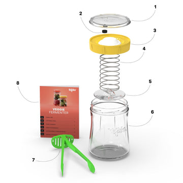 Despiece del fermentador de verduras Kefirko que muestra todos sus componentes: tarro, tapa, bomba, pesa y pinzas.