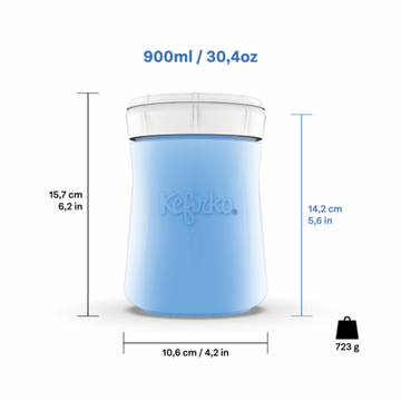 Diagrama del tarro de fermentación Kefirko azul de 900ml con sus medidas de alto, ancho y peso indicadas en cm y gramos.