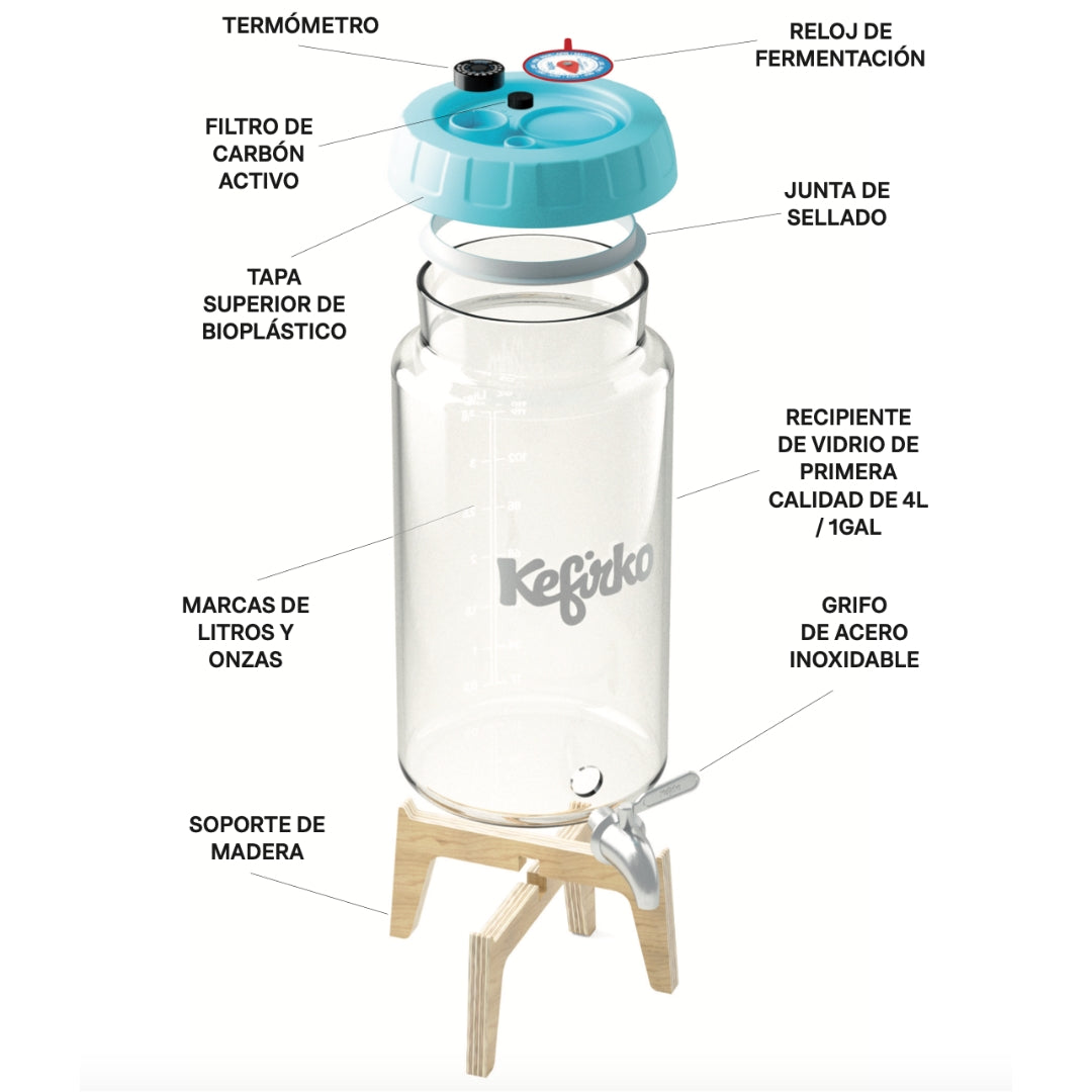 Diagrama del Fermentador Kombucha 4L de kefirko, mostrando las partes etiquetadas: termómetro, filtro de carbón activo, anillo de sellado, frasco de vidrio, grifo y soporte de madera, marcados en litros y onzas. Disponible en color Azul.