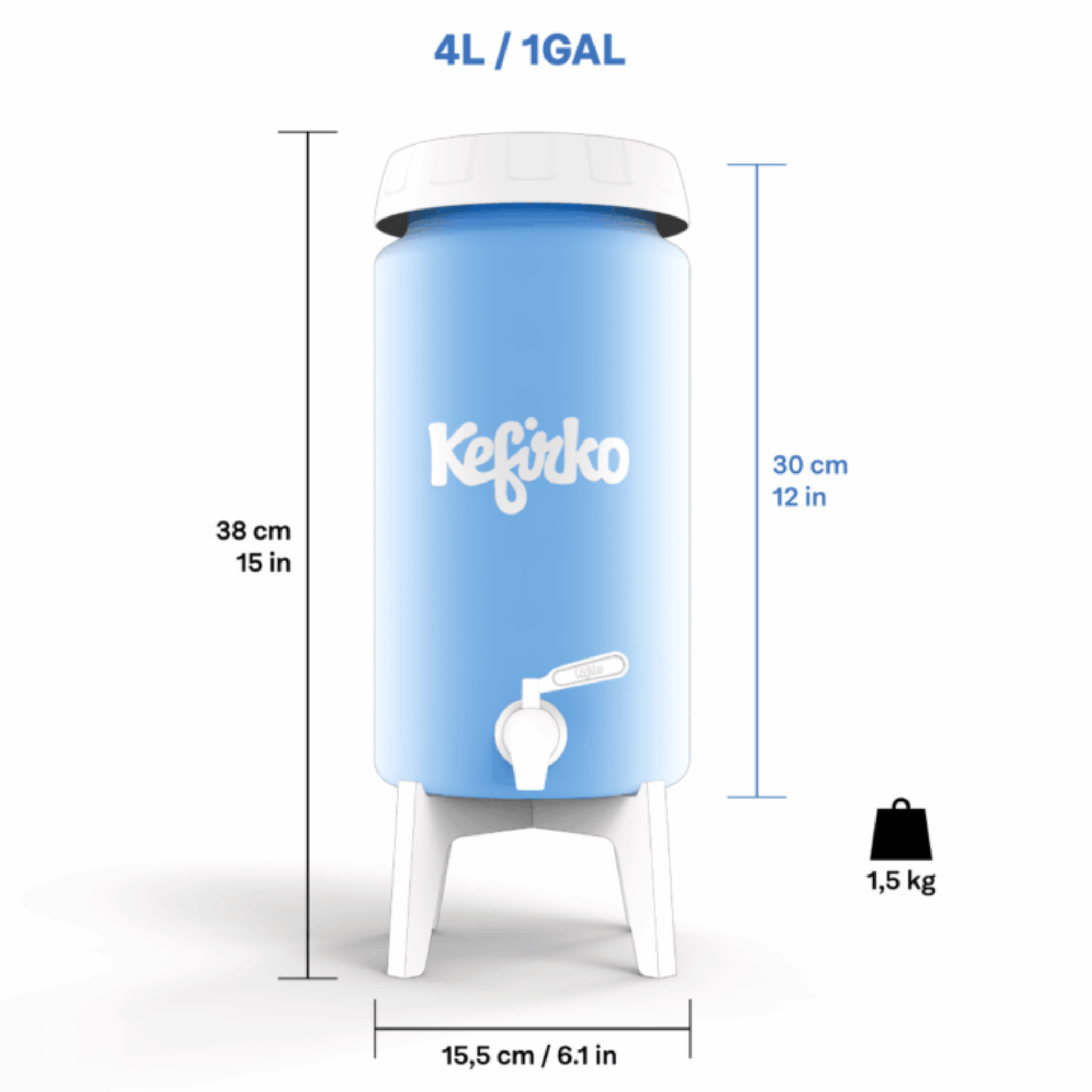 Infografía con las dimensiones y el peso del fermentador kombucha Kefirko: capacidad de 4 litros y altura total de 38 cm.