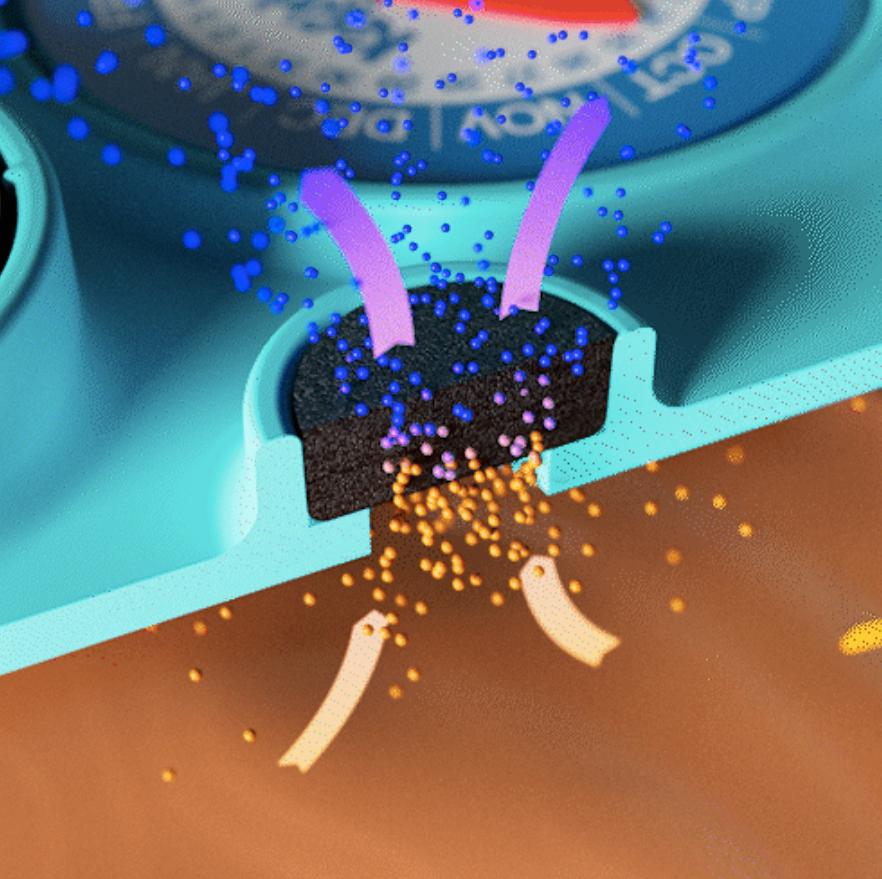 Ilustración del filtro de carbón que permite el flujo de aire y neutraliza olores durante la fermentación.