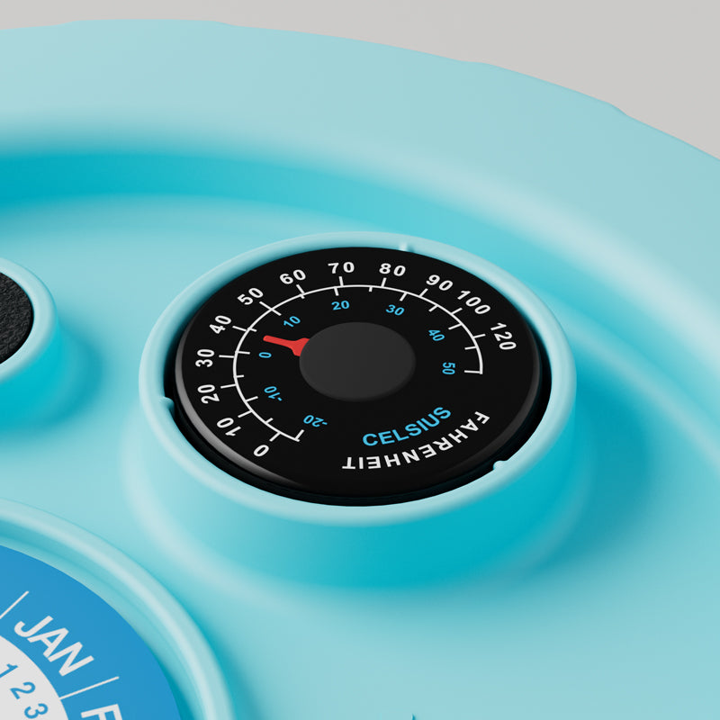 Primer plano del termómetro en la tapa del fermentador, que mide la temperatura en Celsius y Fahrenheit.