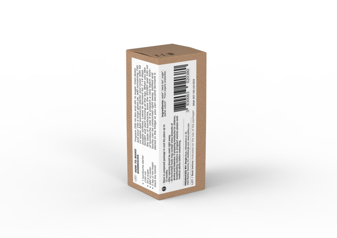 Envase del cultivo de kombucha orgánico de Kefirko sobre un fondo blanco.