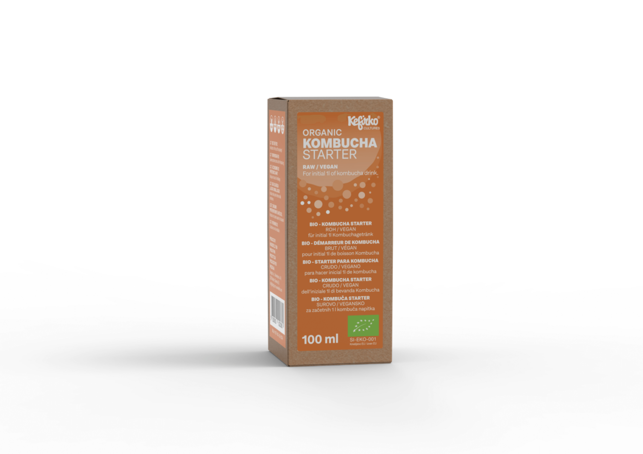 Envase del cultivo de kombucha orgánico de Kefirko sobre un fondo blanco.