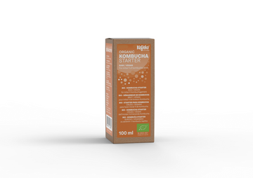 Envase del cultivo de kombucha orgánico de Kefirko sobre un fondo blanco.