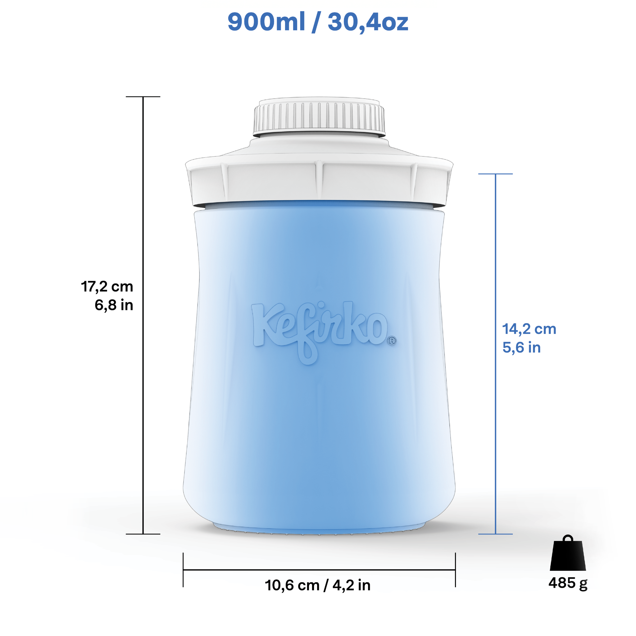 Infografía del trarro para fermentación Kefirko de 900ml, mostrando sus dimensiones de 17,2 cm x 10,6 cm y su peso.