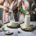 mujer añadiendo leche y nodulos de kefir a un tarro de cristal